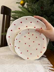 1pc/2pcs/4pcs Heart-Shaped Ceramic Dinner Plates, Round Plates For Home Breakfast, Bread, Steak, Pasta, Salad, Party Supplies, Valentine's Day Gift