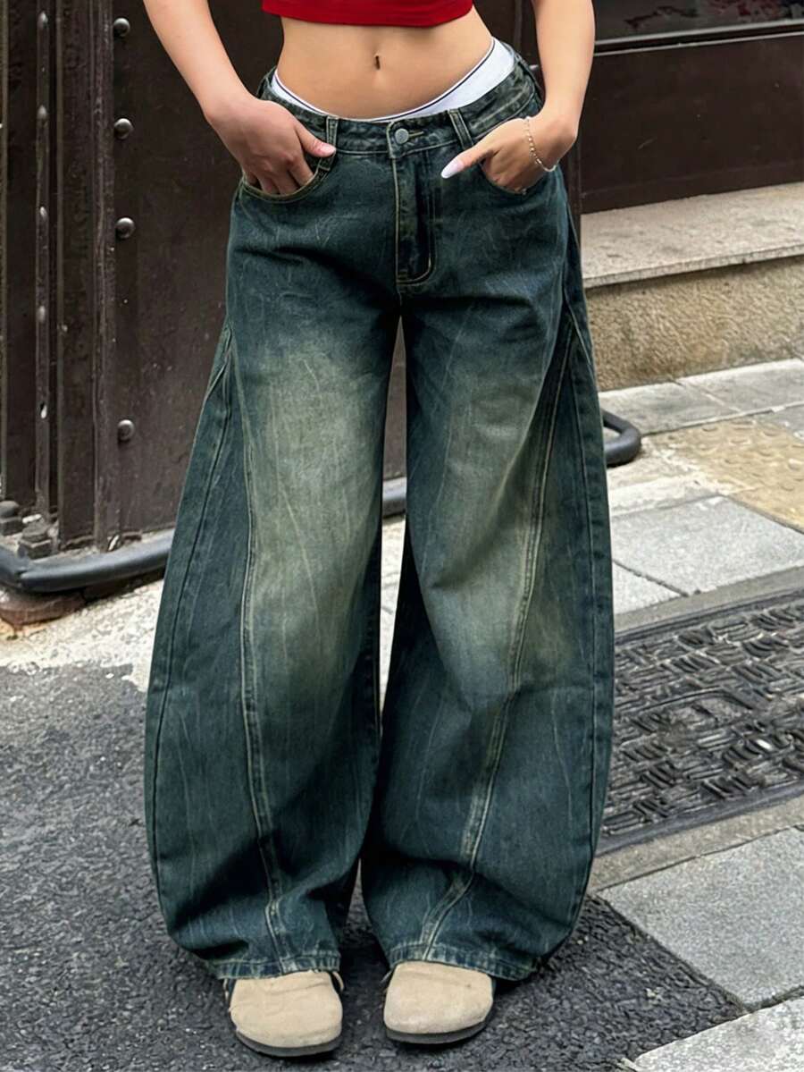 American Explosion Fashion Denim Machete Pants, Loose And Comfortable Mid-Waist Women's Denim Pants Daily Casual Joker Daily Street Style Loose Pants, College Commuting Joker. - nỗi nhớ - Xem 1