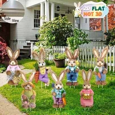 2D打印，7件套复古兔子复活节户外装饰，春季草坪装饰牌，适合家庭户外复活节派对用品，耐用塑料兔子花园插牌