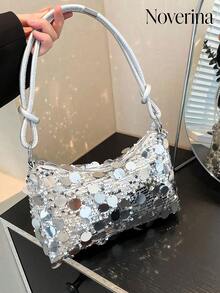 1pc Gold-Tone Glittery Crescent Moon Shape PVC Shoulder Bag For Women,[US-Based Shipping] New Fashion Sequin Handbag & Shoulder Bag, Suitable For Party, Outing, Vacation, Shopping And Daily Use, Can Store Coins, Phones, Also Can Be Used As Work Bag For Office Ladies, College Students And Commuters, Elegant Design For Women,Women's Fall Clothing Winter Clothing Christmas Gift Fall Autumn Velvet Furry Party Fuzzy Plush Thanksgiving Festival Cyber Monday Holiday Knitted Winter Valentine's Day Gift Christmas Women's Crossbody New Year Snow Warm Thermal End-Of-Year ,Tote Bags For Women,Purse,Christmas Gifts,Purses And Bags Women - 銀色 - 查看 13