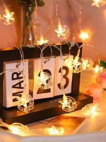 1 pezzo Luci decorative a forma di stelle e lune, lunghe 1,5m/3m/6m, alimentate a batteria, luci da interni a forma di fate, decorazione per camera da letto, parete, Ramadan ed Eid - Trasparente - Visualizzare 3