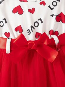 女婴情人节爱心印花网纱拼接连衣裙，配腰带 - 紅色 - 查看 5