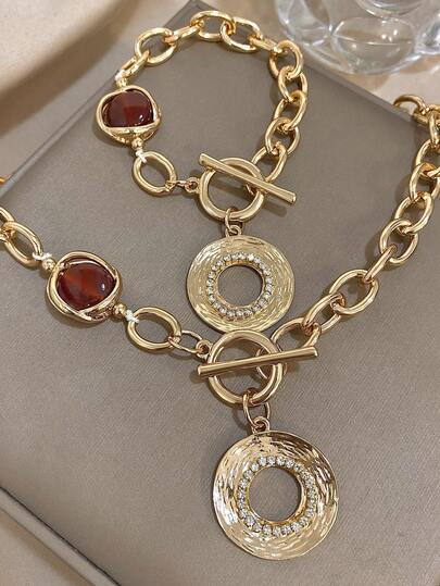 1Pc Sparkling Gold OT Buckle Personalized Necklace With Gemstones And Round Pendant - Stylish Chunky Chain Accessory, Suitable For Everyday And Party Wear, Unisex, Valentine's Day Gift, Men's Necklace