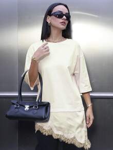 不对称蕾丝白色衬衫，宽松套头衫，女士夏季Y2K衬衫，复古优雅女士上衣 - 白色 - 查看 3