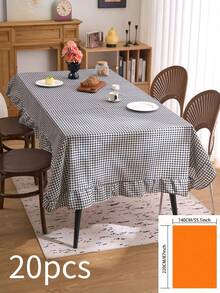 1件黑色格子圆形桌布，复古美式风格，带荷叶边，厨房/客厅装饰，情人节餐桌布 - 黑色 - 查看 12