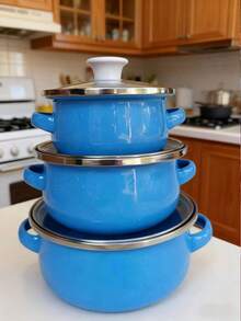 3pcs Multi-Color Enamel Cookware Set, Thick Double-Ear Enamel Cooking Pot, Suitable For Gas & Induction Cooktop, Includes Soup Pot, Milk Pot, Cartoon Cute Enamel Bowl With Handle