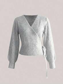 2025 Autumn/Winter Wrap Tie Knit Sweater, White, Women's Essential For Home, Commute, Date, Travel, Suitable For Various Occasions, Light Gray - Light Grey - View 10