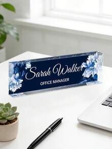 Customized Desktop Nameplate, 20 Styles Available, Customizable Text, Floral Transparent Acrylic Block, Personalized Office Decor Gift Suitable For Boss, Teacher, Colleague, Ladies And Gentlemen - Multicolor - View 3
