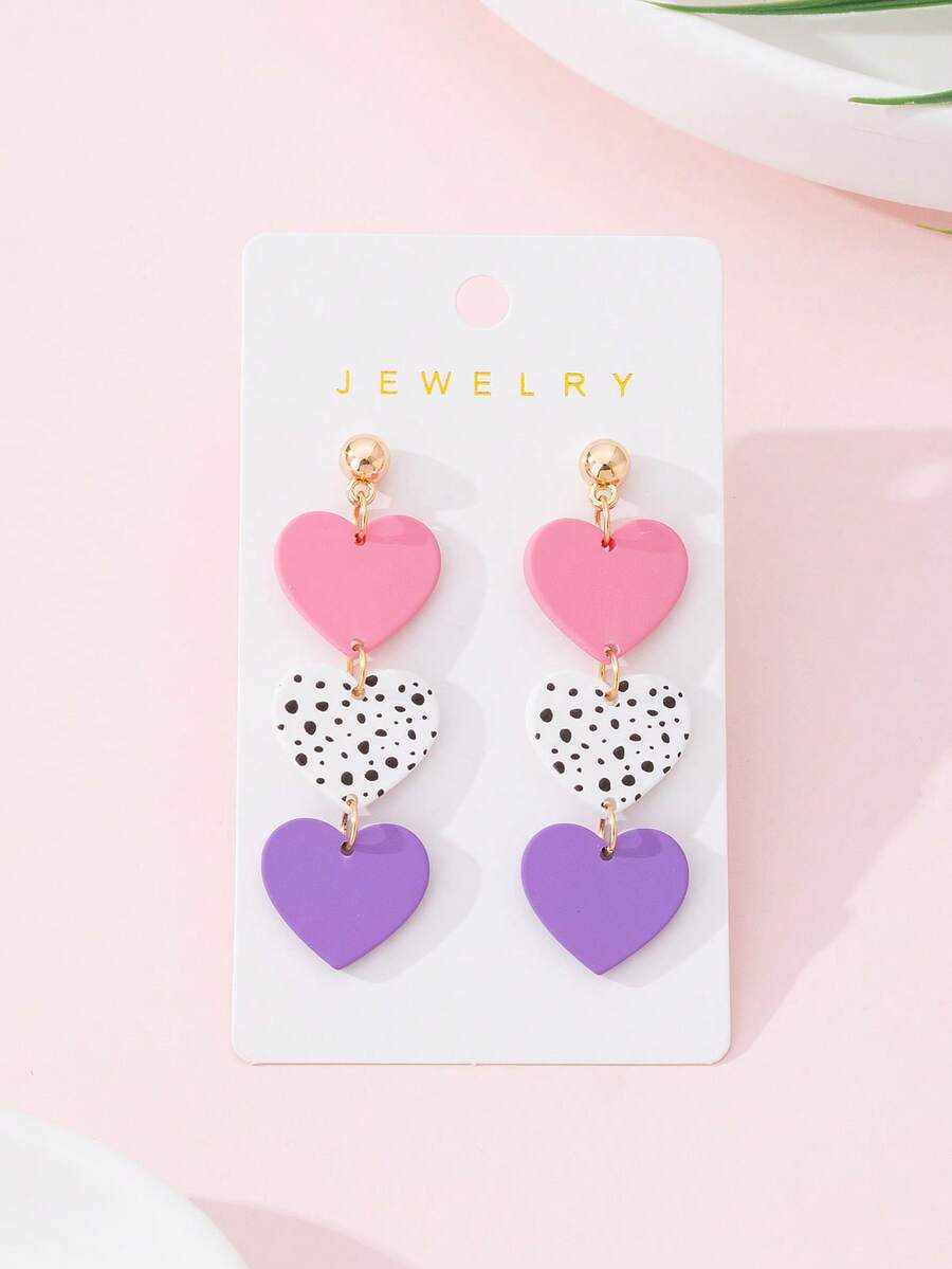 1 Pair Valentine's Day Romantic Polka Dot Heart Shaped Macaron Color Enameled Faux Soft Ceramic Design Fashion Jewelry Earrings, Perfect Gift For Dates And Parties - Multicolor - View 1