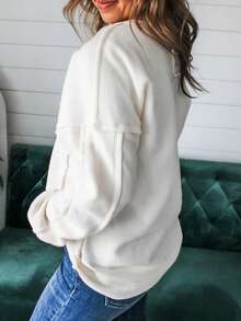 Acelitt Casual Solid Color Ribbed Crew Neck Pocket Design Loose Minimalist Fashion Top T-Shirt, Suitable For Spring & Autumn - White - View 2
