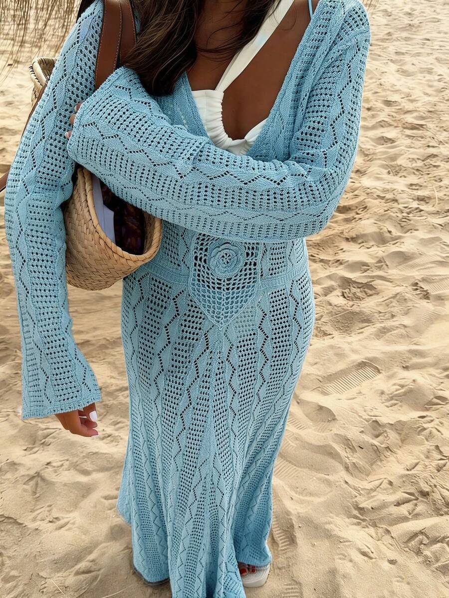Women's Blue Knitted Semi-Sheer Midi Sweater Dress, Long Sleeve, Suitable For Vacation - Blue - View 1