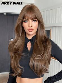 NICKY WALL 30 Inch Extra Long Wig With Bangs, Mocha Brown, Fashionable Long Curly Hair, Women's Synthetic Fiber Wig, Elegant Casual, Heat Resistant, Suitable For Parties And Daily Wear, Suitable For Girls And Fashionable Women