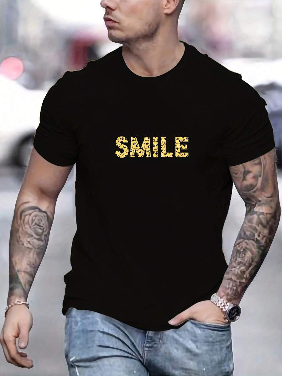 Camiseta casual de cuello redondo para hombres con estampado de letras amarillas ;SONRISA;. Camiseta de Verano de Manga Corta. Ajuste Regular. Material de algodón. Comodidad para todas las estaciones. Camiseta de uso diario, cuello redondo, tela de algodón - Negro - Ver 1