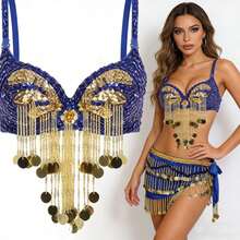 Bộ trang phục biểu diễn múa bụng 2 món - Áo bra đính hạt nhựa tua rua đính sequin và khăn quấn hông bằng nhung dành cho nữ. - Nhiều màu - Xem 11