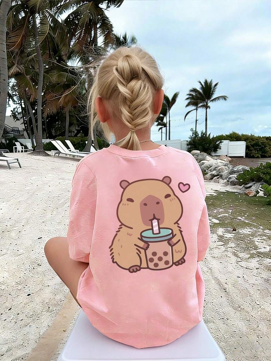 少女休闲卡通印花短袖T恤，夏季 - 粉色 - 查看 1