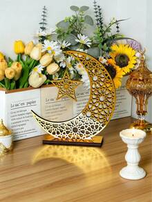 1 pieza Adorno de escritorio de madera de 12x11 pulgadas con luna y estrellas 3D, obra de arte hecha a mano, accesorio de fotografía, decoración de mesa de tono dorado creativo, decoración para Eid Al-Fitr, suministros para fiestas del festival islámico, accesorios del Ramadán de Oriente Medio, adecuado para cumpleaños, decoración del hogar para fiestas, todo el año, decoraciones para fiestas interiores/exteriores, decoración de habitaciones, decoración del hogar, versatilidad estacional, decoraciones para fiestas interiores/exteriores - Multicolor - Ver 5