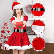 5 件套女士圣诞服装连衣裙，圣诞人物角色扮演服装：连衣裙、袜子、帽子、腰带、手套 - 连帽圣诞连衣裙 + 袜子 + 手套万圣节 - 紅色 - 查看 3