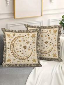 1/2/4pcs Bohemian Beige Ramadan Pillow Covers,Golden Crescent & Star Pattern,For Sofa Or Bed, Zipper Closure, No Insert Included, Perfect For Ramadan Festival Decor, Festive Pillow Covers | Bohemian Style Decor, Islamic Home Decor - Apricot - View 1