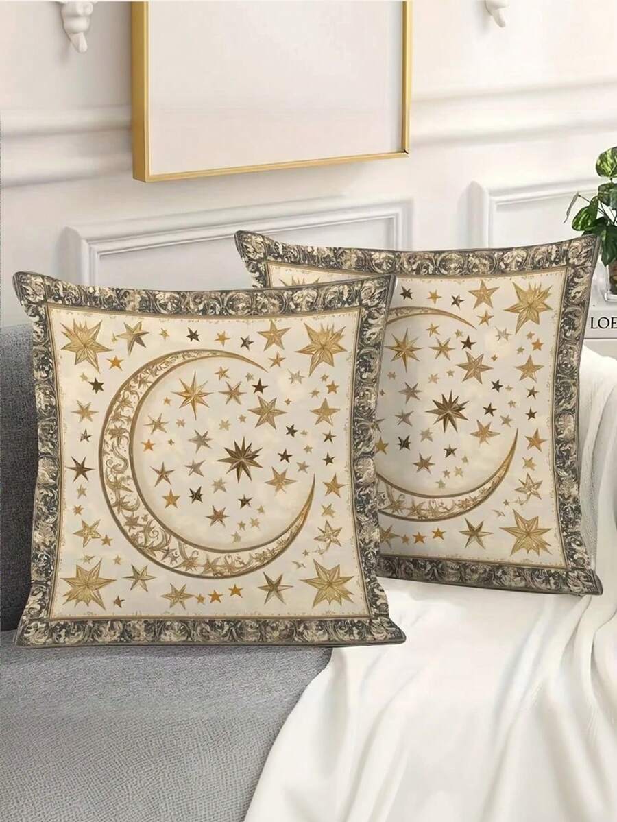 1/2/4pcs Bohemian Beige Ramadan Pillow Covers,Golden Crescent & Star Pattern,For Sofa Or Bed, Zipper Closure, No Insert Included, Perfect For Ramadan Festival Decor, Festive Pillow Covers | Bohemian Style Decor, Islamic Home Decor - Apricot - View 1