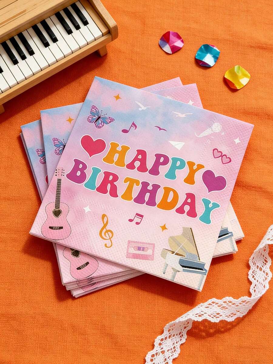 48pcs 13"X13" Party Disposable Napkins, Sweet Elements Design With Gradient Pink & Blue Background, Colorful "HAPPY BIRTHDAY" Letter Pattern And Musical Instruments, Suitable For Music Birthday Party, Girly Gathering, Spring Family Celebration - Multicolor - View 1