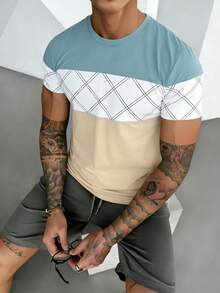 GRDR 1pc Men's Casual Contrast Color Round Neck Short Sleeve T-Shirt, Business Style, Summer