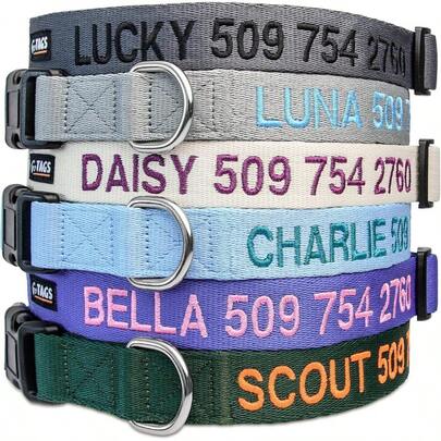 Personalized Custom Embroidered Pet ID Dog Collar - with Pet Name and Phone Number. Adjustable Sizes and Plastic Snap Closure. Negro Small = 5/8" Wide by 11-16" Length