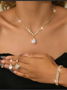 Four Piece/Set Elegant Ladies' Sparkling Fashion Set, Elegant Jewelry Set With Rhinestone Earrings And Necklace Bracelet, Suitable For Brides, Bridesmaids, And Banquets.
