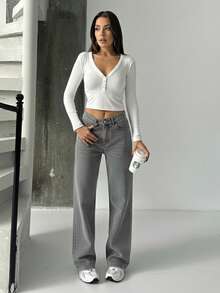 Jeans de cintura alta y pierna ancha para mujeres, de unicolor con bolsillos, botones y cremallera, para uso diario - Gris - Ver 2