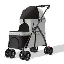 Cochecito Doble Capa para Perros y Gatos con Plataformas Superior e Inferior, Transportador Plegable Ligero, Amplio Almacenamiento Múltiple, Malla Transpirable para Exteriores, Visitas al Veterinario, Compras - para Mascotas Pequeñas/Medianas - Plateado - Ver 1