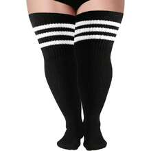Plus Size Thigh High Socks For Thick Thighs, Extra Long Women Striped Over Knee Stockings Leg Warmers For Winter,36065362 - 黑色 - 查看 1