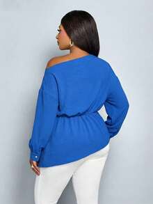 New Women's Blue Asymmetric Hem Long Sleeve Top, Waist Pleated Design, Soft & Comfortable Fabric, Fashionable & Versatile Spring/Autumn Blouse - Royal Blue - View 3