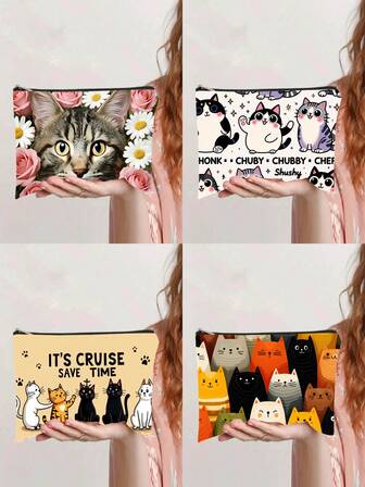 Bolsa de cosméticos con estampado de gato lindo | Patrón floral rosa, cierre con cremallera resistente, ideal para uso diario, viajes, maestros y amigos - Bolsa de aseo, bolsa de almacenamiento