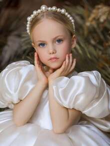 Young Girl's White Petal Sleeve Dress, Elegant Princess Dress With Tulle Fabric And Bow Decor, Suitable For Girls' Birthday Party, Wedding, Prom, Graduation Ceremony - 米色 - 查看 11