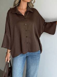 Doriss 女士宽松条纹蝙蝠袖衬衫，棕色上衣，适合新年、返校、正式场合、婚礼季、情人节、春季、海滩度假等场合。 - 咖啡棕 - 查看 7