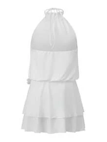 Womens Mini Tank Dress Summer Sleeveless Halter Neck Ruffle Hem Dress Short Belted Dress - White - View 2