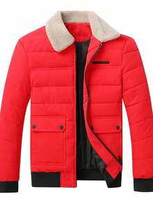 [​]Chaqueta acolchada corta ajustada de cuello de solapa de felpa de cordero extra gruesa para hombre, invierno, diseño cálido y elegante - Rojo - Ver 2