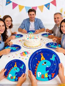 48/24pcs/Set Birthday Theme Paper Plates, 7-Inch Paper Plates, 9-Inch Paper Plates, Disposable Party Trays, Party Supplies, Party Decorations, Dessert Trays, Suitable For Parties, Gatherings, BBQs, Picnics, Camping, Birthday Parties, Restaurant Decor, Kitchen, Bridal Showers, Paper Plates, Balloons, Birthday Tableware, Dinosaur Theme, Blue Theme Party - Multicolor - View 4