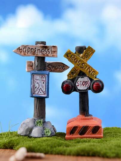 2件套迷你道路标志模型，异想天开树脂娃娃屋家具装饰，迷你交通标志玩具套装模型，微景观装饰，城市交通障碍标志，场景模拟，仙女花园配件，信号灯，模拟场景，DIY配件，房间装饰，生日礼物，桌面摆件，新年礼物