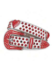 Western Fashion Rhinestone Heart Concho Leather Waist Belt For Men Western Love Concho Crystal Diamond Belt Strap, Gift For Men Women - Red - View 8