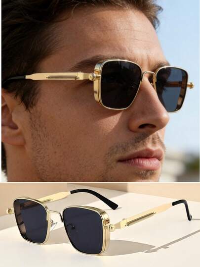 1pc Fashionable Square Metal High-Definition Lens Retro Punk Steam Punk Leg Unisex Decorative Fashion Glasses, Suitable For Travel, Photography, Cycling, Sports, Fashion Accessories And Daily Life