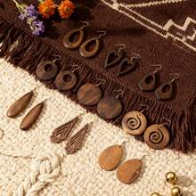 9 Pairs/Set Casual Unique Personalized Wooden Earrings Women's Earring Set Hollow Water Drop Heart Rhombus Round Hollow Geometric Design Solid Wood Earrings Women's Fashion Jewelry - Coffee Brown - View 7