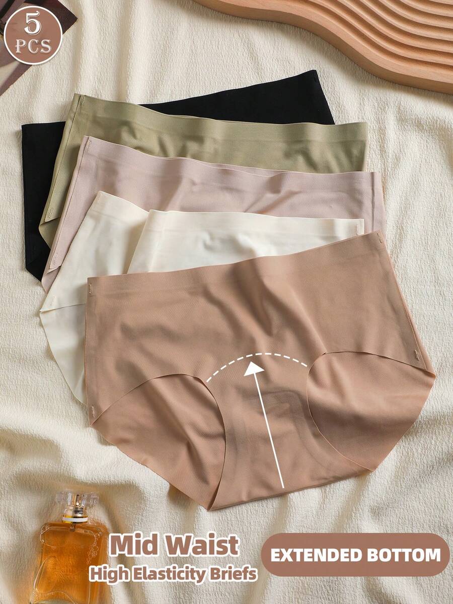 5pcs/Pack Seamless Mid-Waist Women Butt Lifting Briefs, Comfortable Stretchy Skin-Tight Breathable Smooth Tummy Control Panties - Multicolor - View 1