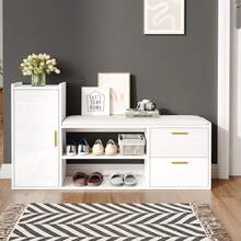 128*30*68cm Shoe Cabinet/Shoe Rack With 2 Drawers, 1 Cabinet, High-Gloss Shoe Bench/Bench With Upholstery And Storage Space, Suitable For Living Room, Hallway, Office, White - 白色 - 查看 2