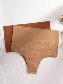 7pcs/Set Women's Seamless High-Waisted Tummy Control Heart Embroidered Knitted Striped Thong Underwear - Multicolor - View 3