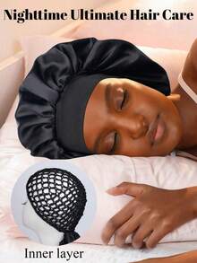 1pc 2-In-1 Wrap Cap Hair Net Cuffed Sleep Cap & Hair Net Bonnet, Satin Edged Sleep Hat & Crocheted Hair Wrap,Travel Essentials,Travel Essential,Hairstyle,Hairdressing Haircare Routine Comfortable Easy Use - Multicolor - View 6