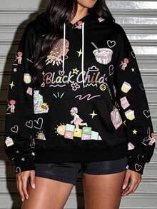 LOVE JOYY 女士卡通印花宽松连帽卫衣，秋冬休闲装，黑色长袖上衣