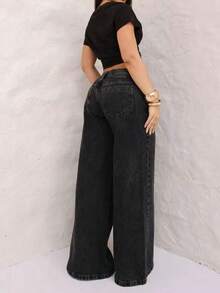 Plain Black Wide Leg Jeans, High Waist, Wide Cut, Modern Style, Women's Fashion. - 黑色 - 查看 3