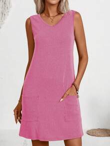 Đầm nữ dệt kim gân không tay cổ chữ V, dáng rộng thoải mái có túi, dài đến đầu gối, thích hợp mặc mùa xuân/hè, quà tặng ngày Valentine. - Màu Hồng Tươi - Xem 5