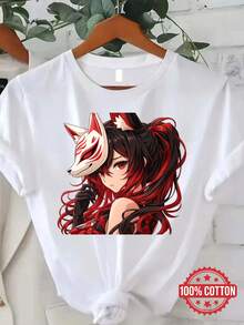 All Kitsune Fox Mask Anime Character Red Black Japanese  Round Neck Women's Fashion Tshirt  Fashion - Black - View 7