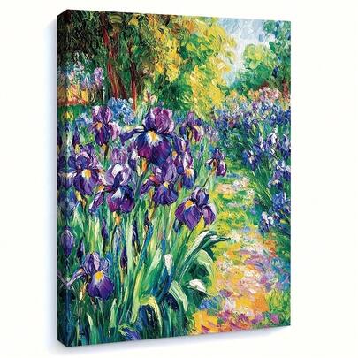 2D Flat 1pc Framed Claude  Garden With Irises Print Impressionist Floral Art, Vibrant Colors & Expressive Brushstrokes, Nature-Inspired Wall Decor For Living Room, Bedroom, Kitchen, Office, Kitchen Artwork | Rich Color Palette, Outdoor Garden Decor, Perfect For Room Decor Ready To Hang 15.7*11.8 Inches/ 40*30cm